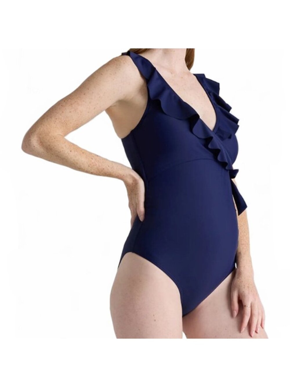 Quince Italian Maternity One-Piece Ruffle Wrap Swimsuit Deep Navy Size Medium NW